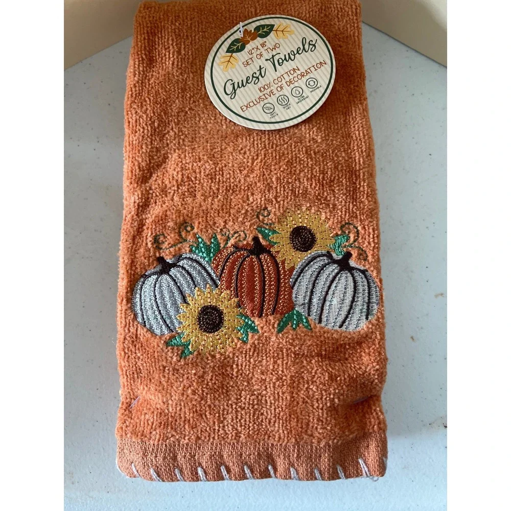 Set of 2 Fall Pumpkin Sunflower Guest Towels Burnt Orange 100% Cotton 12x18